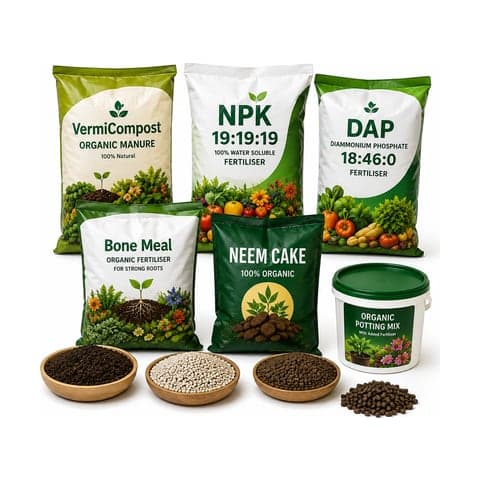 Bags of vermicompost, neem cake and NPK fertiliser beside organic potting mix