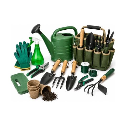 A gardening tool set with watering can, trowels, pruners and gloves