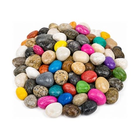 A mound of polished garden pebbles in mixed natural and dyed colours