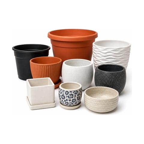 An assortment of terracotta, ceramic and plastic plant pots