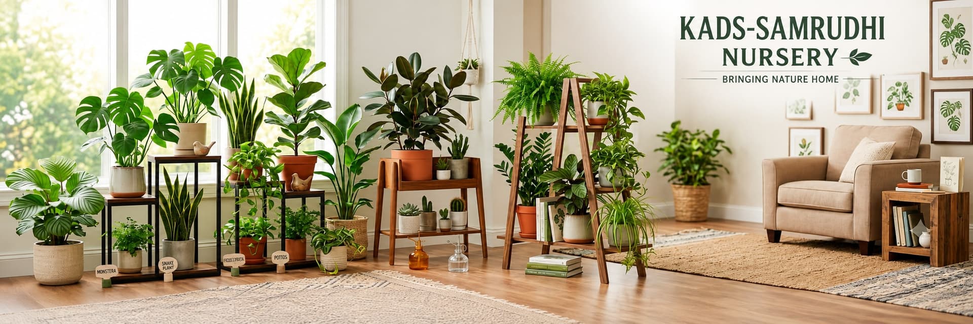 A sunlit living room filled with potted monstera, snake plants, ferns and pothos on wooden stands, beside the KADS-Samrudhi Nursery wordmark